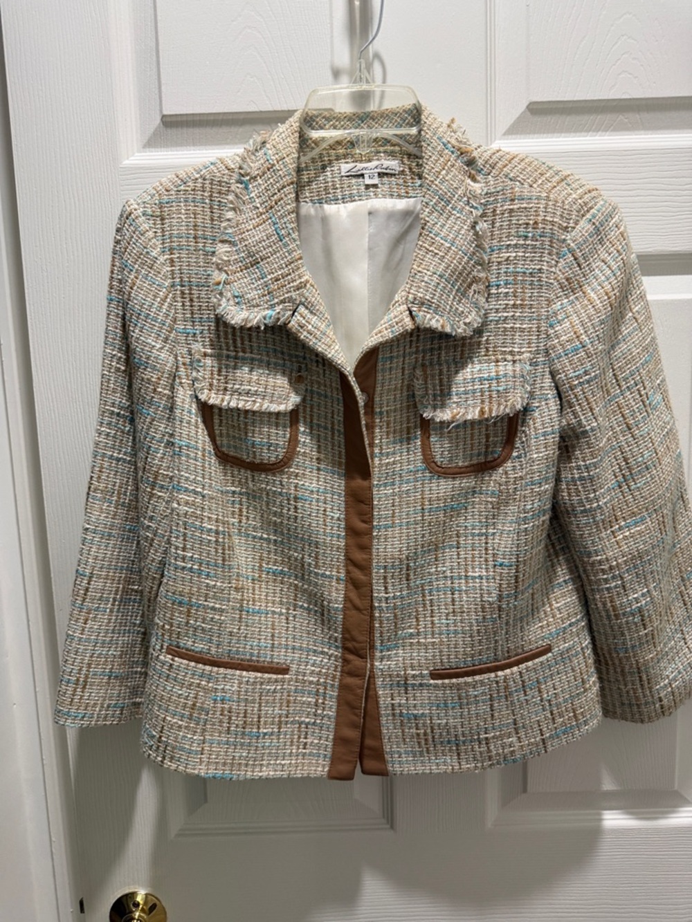 Lillie Rubin Cream Tweed Jacket with Brown Trim and Blue Accents